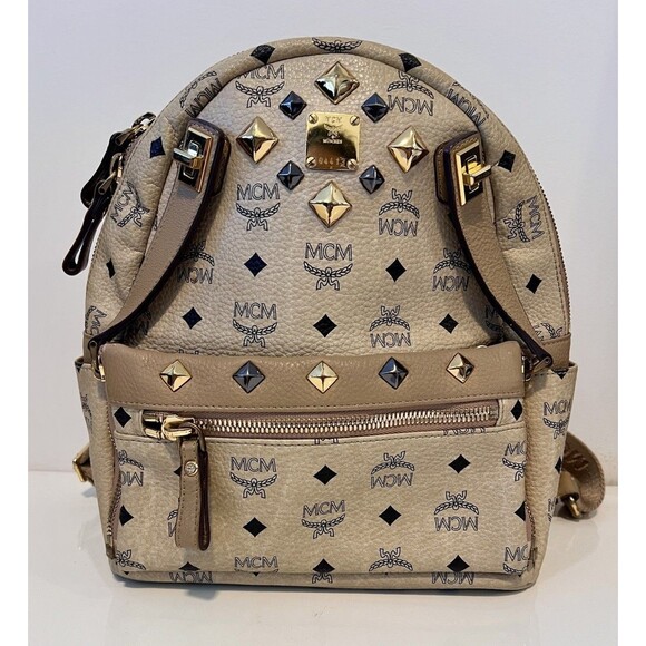 MCM Handbags - Authentic MCM Small Stark Studded Backpack in Beige Visetos Monogram Canvas - Ex